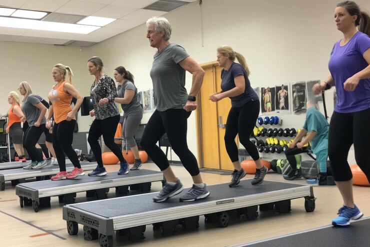 PSD active seniors participating in a fitness class using step platforms