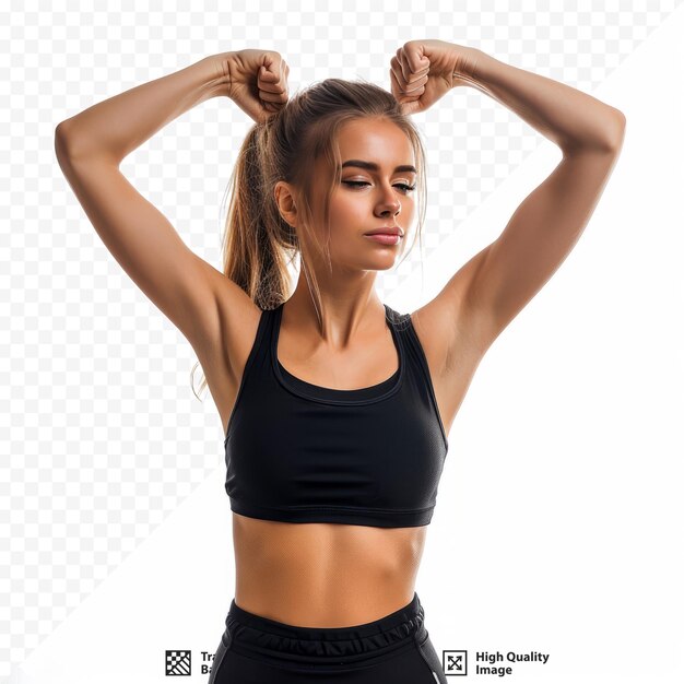 PSD active young sporty fit woman gesture power with her arms up isolated over white
