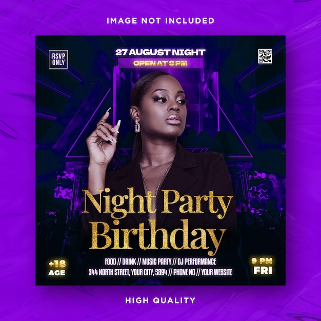 An ad for night night night birthday with a woman in a black suit.