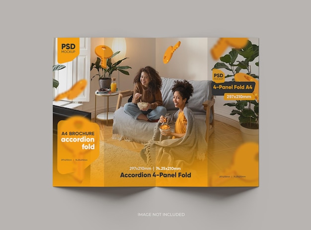 PSD adjustable accordion 4 panel fold a4 leaflet mockup to present your design 3d render