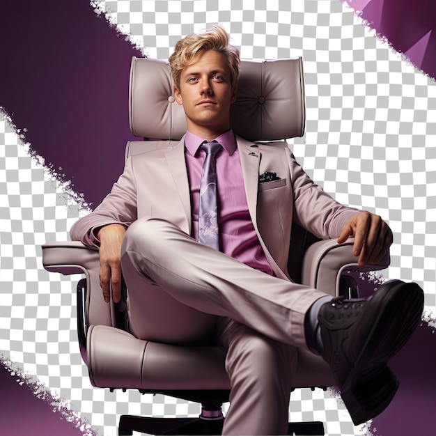 A admiring adult man with blonde hair from the uralic ethnicity dressed in industrial designer attire poses in a laid back chair lean style against a pastel lavender background