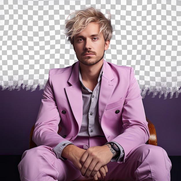 A admiring adult man with blonde hair from the uralic ethnicity dressed in industrial designer attire poses in a laid back chair lean style against a pastel lavender background