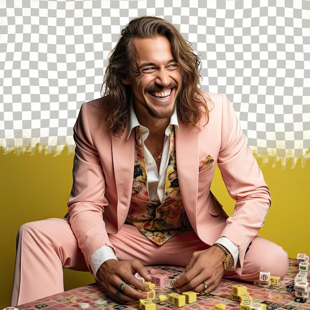 PSD a admiring adult man with long hair from the slavic ethnicity dressed in playing board games attire poses in a playful laugh style against a pastel lemon background