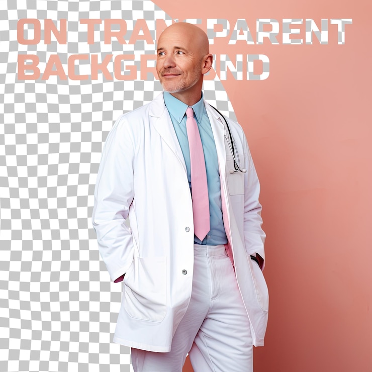 PSD a admiring middle aged man with bald hair from the nordic ethnicity dressed in physician assistant attire poses in a leaning against a wall style against a pastel coral background