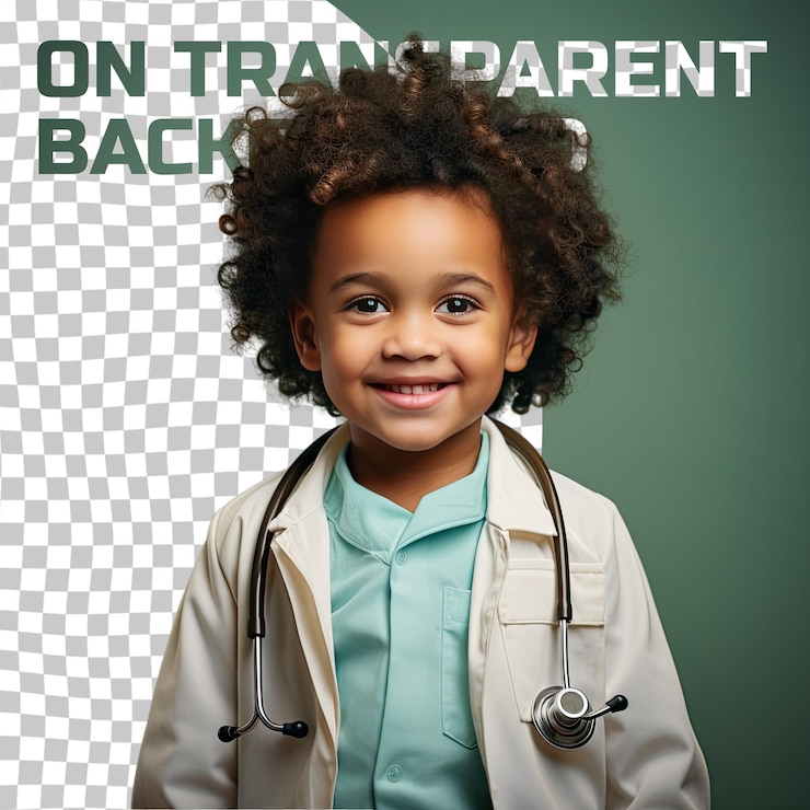 PSD a admiring preschooler boy with kinky hair from the nordic ethnicity dressed in anesthesiologist attire poses in a one shoulder forward style against a pastel cream background
