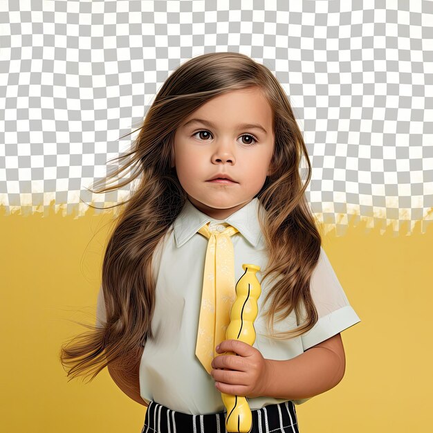 Un bambino in età prescolare ammirato con i capelli lunghi di etnia scandinava, vestito con abiti da marinaio, posa con uno stile che spazzola i capelli a mano su uno sfondo color limone pastello