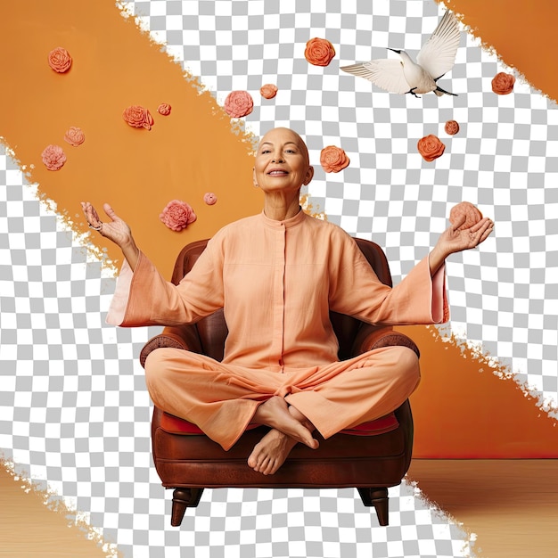 PSD a admiring senior woman with bald hair from the south asian ethnicity dressed in acupuncturist attire poses in a seated with one hand raised style against a pastel tangerine background