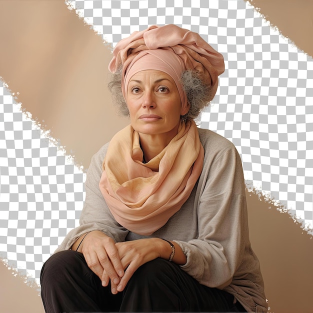 PSD una donna anziana ammirata con i capelli ricci dell'etnia mediorientale vestita con sciarpe a maglia posa in uno stile seduto con la testa appoggiata sulla mano contro uno sfondo beige pastello