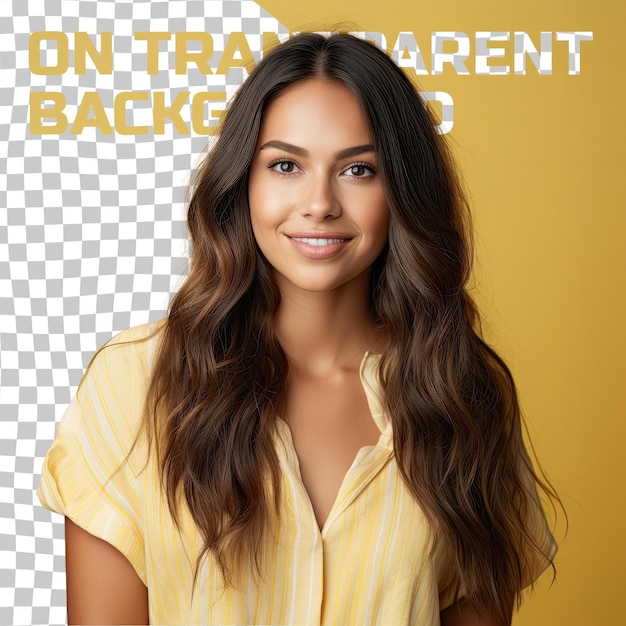 PSD a admiring young adult woman with long hair from the aboriginal australian ethnicity dressed in massage therapist attire poses in a eyes downcast with a smile style against a pastel lemon b