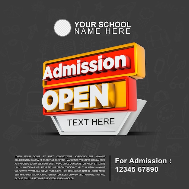 Admission open 3d rendered social media post with transparent background