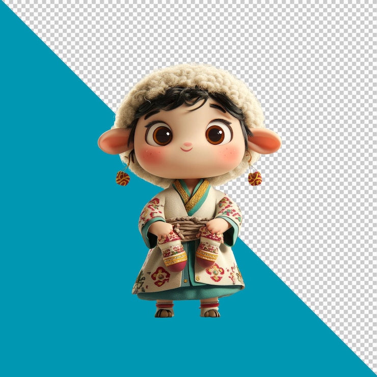PSD adorable 3d render of a cute lamb girl in traditional clothing holding booties