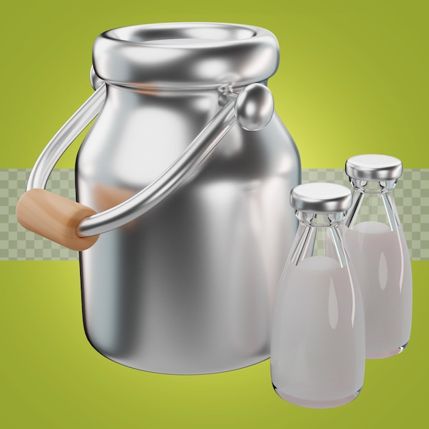 Adorable 3d rendering of a milk tank and milk bottles icon