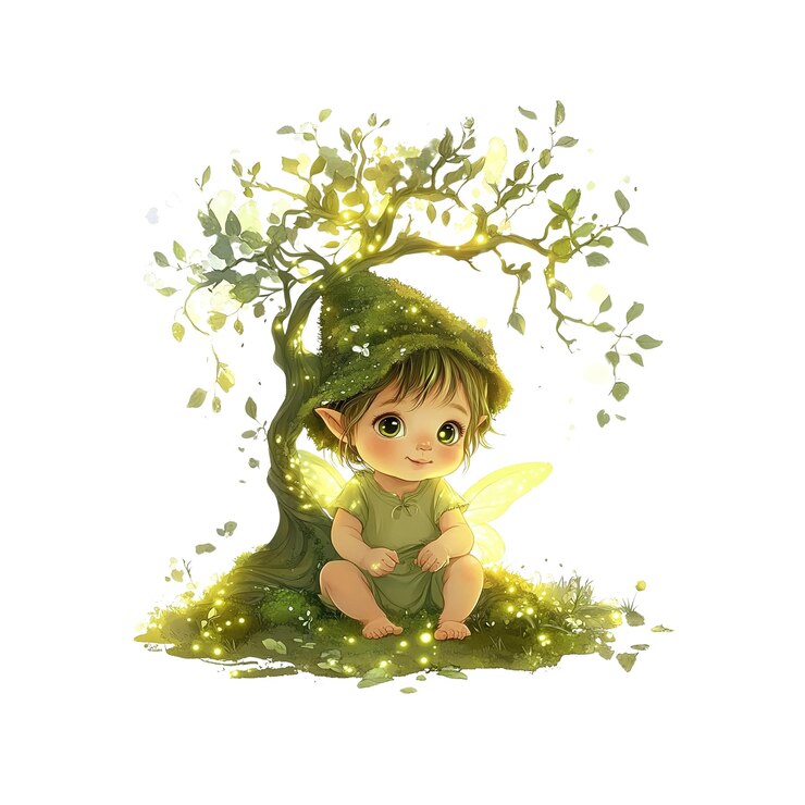PSD adorable baby fairy under a glowing tree