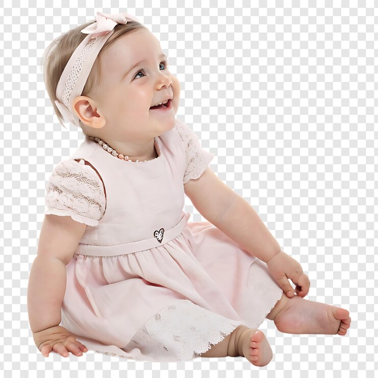 PSD adorable baby girl in pink dress smiling and looking up