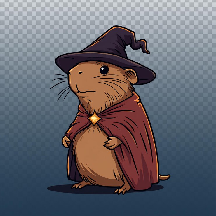 PSD adorable cartoon capybara wizard with simple design on solid background
