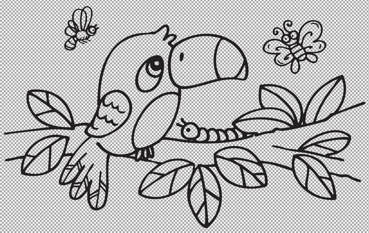 PSD adorable cartoon flycatcher sits on a branch coloring illustration for kids