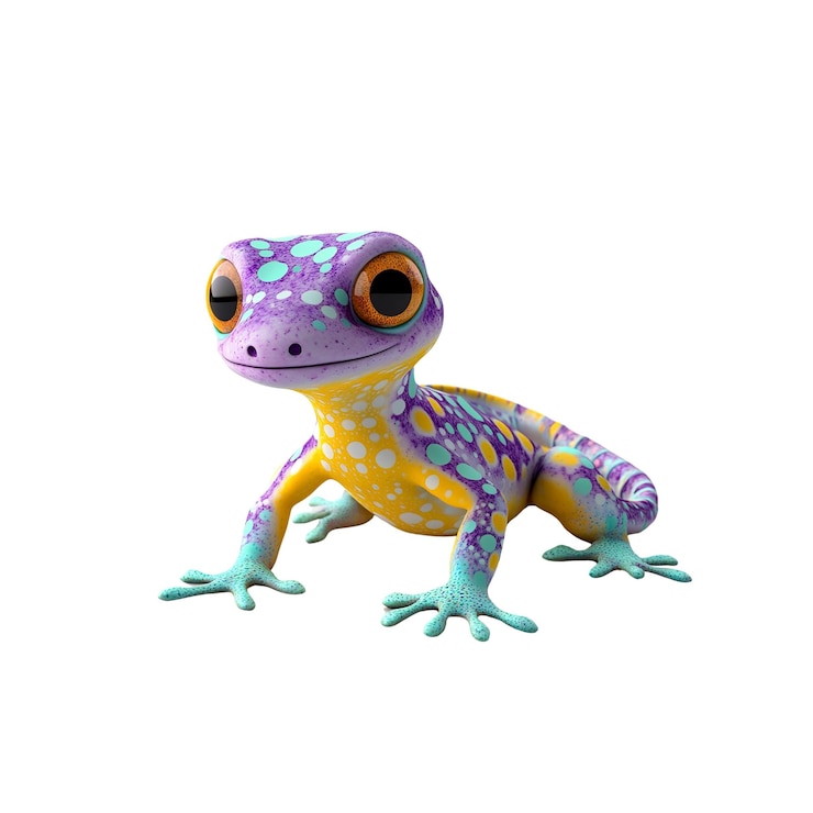 PSD adorable cartoon gecko vibrant purple and yellow reptile character