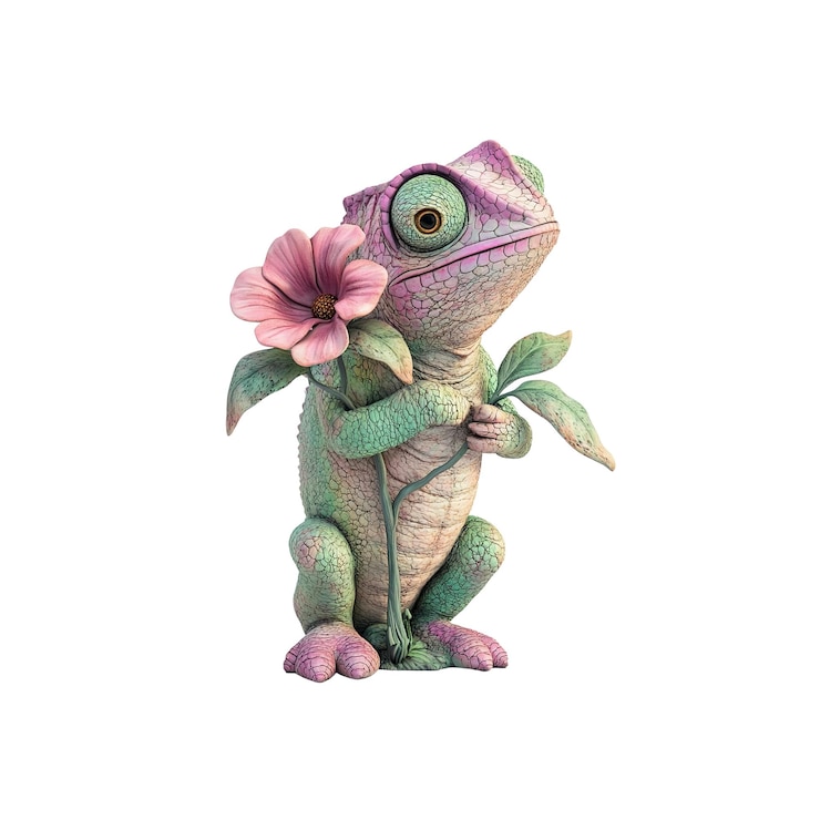 PSD adorable chameleon figurine holding a flower