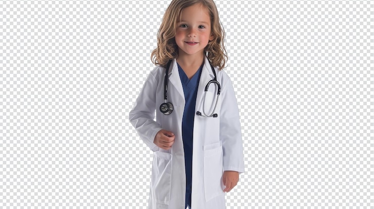 PSD adorable child dressed as a doctor holding a stethoscope for educational and fun imagery related to healthcare careers
