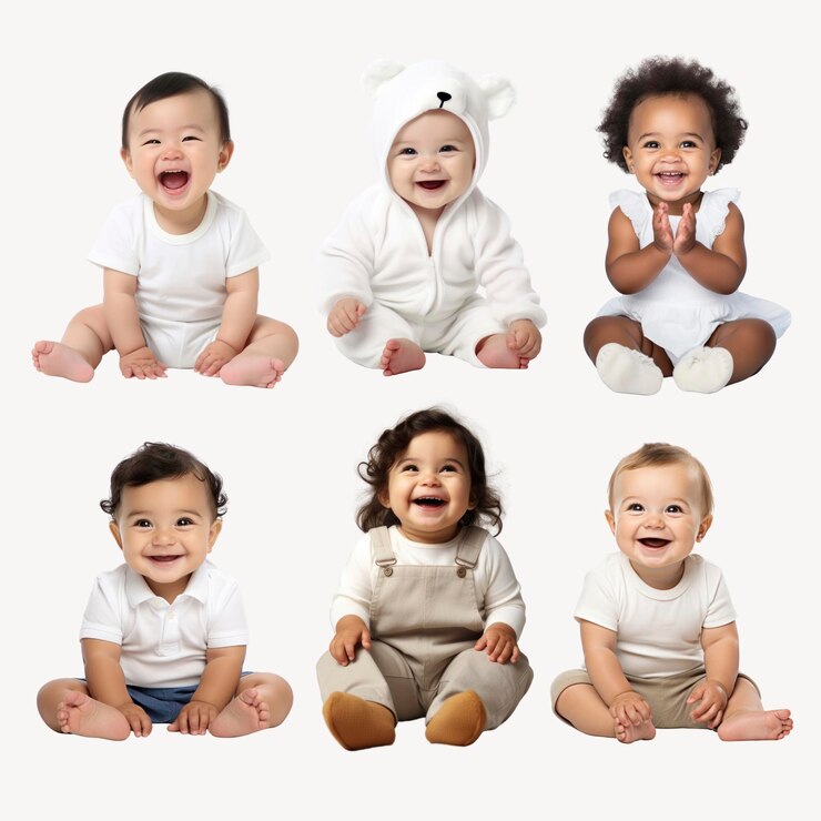PSD adorable diverse happy babies smiling set psd