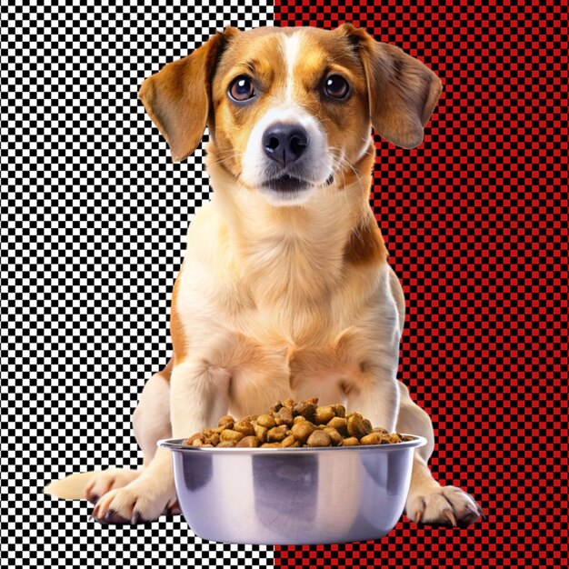 Adorable dog with bowl of food on transparent background