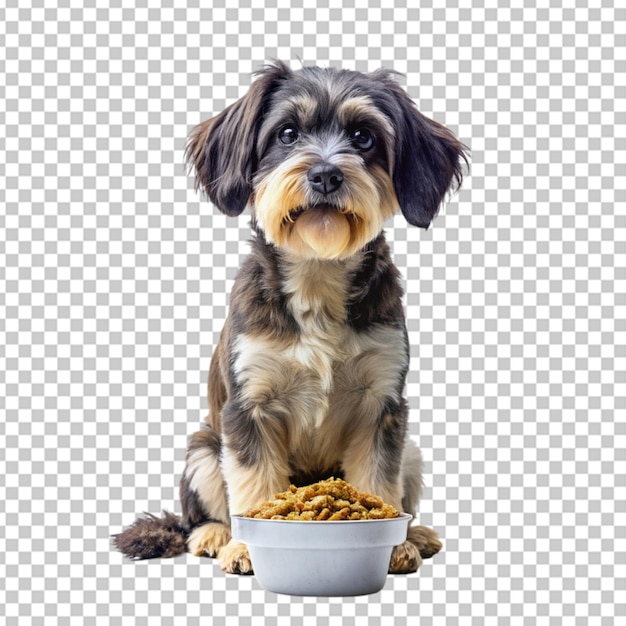 Adorable dog with bowl of food