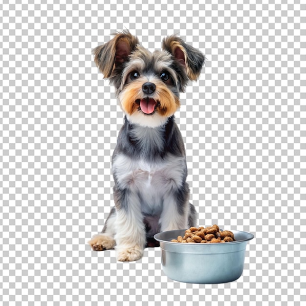 Adorable dog with bowl of food