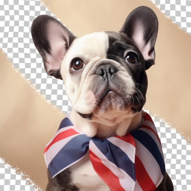 PSD Очаровательная собака с французским флагом. фото студии крупным планом в помещении. поздравления близким, друзьям семьи и коллегам. концепция ухода за домашними животными на прозрачном фоне.