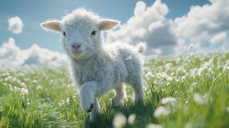 PSD adorable fluffy lamb running in a sunny field of flowers