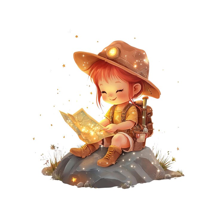 PSD adorable little explorer girl studying a glowing map on a rock