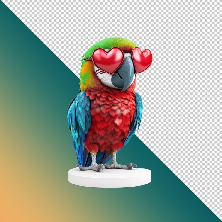 PSD adorable macaw parrot wearing heartshaped sunglasses 3d render