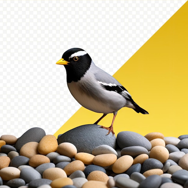 The adorable myna bird with a yellow beak searches for food on gray pebbles