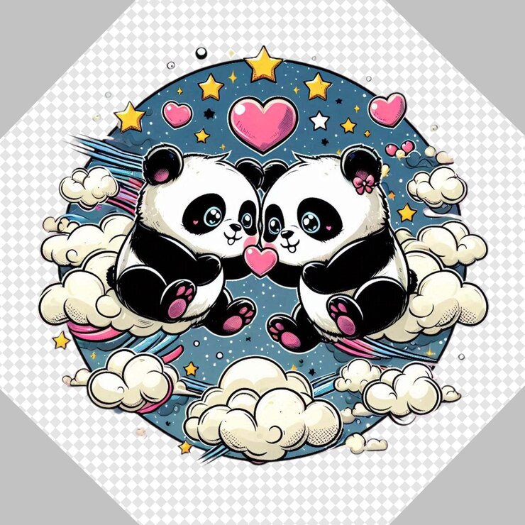 PSD adorable panda couple in love valentines day clipart transparent png valentines day illustration