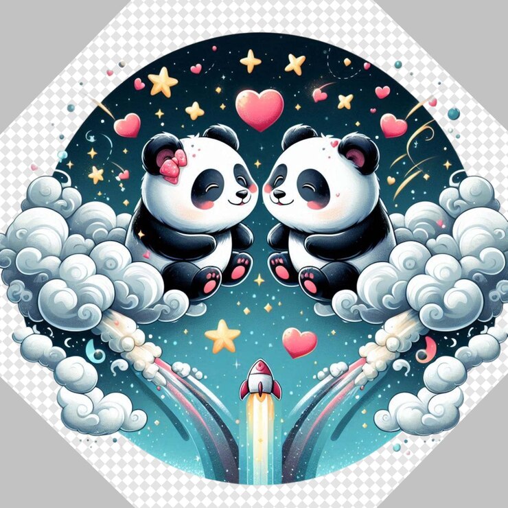 PSD adorable panda couple in love valentines day clipart transparent png valentines day illustration