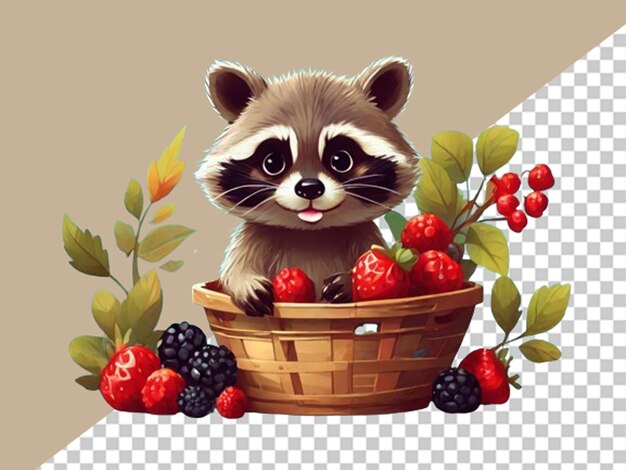 PSD adorable racoon with a curious expression and a basket of cheery