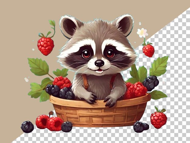 Adorable racoon with a curious expression and a basket of cheery