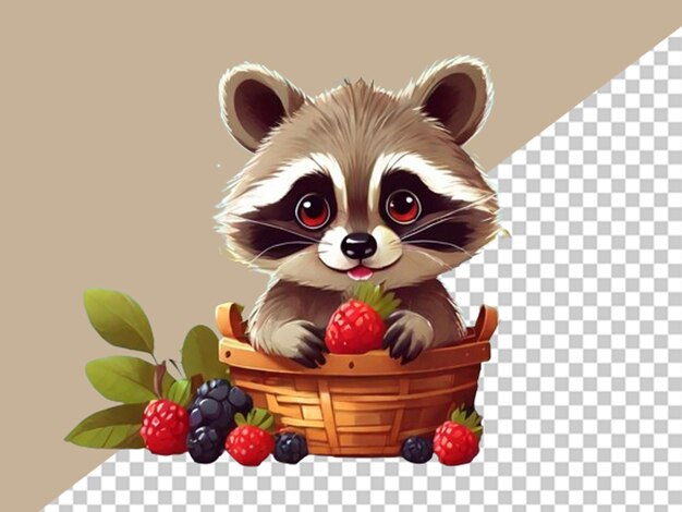 Adorable racoon with a curious expression and a basket of cheery