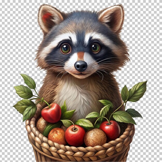 PSD adorable racoon with a curious expression and a basket of cheery