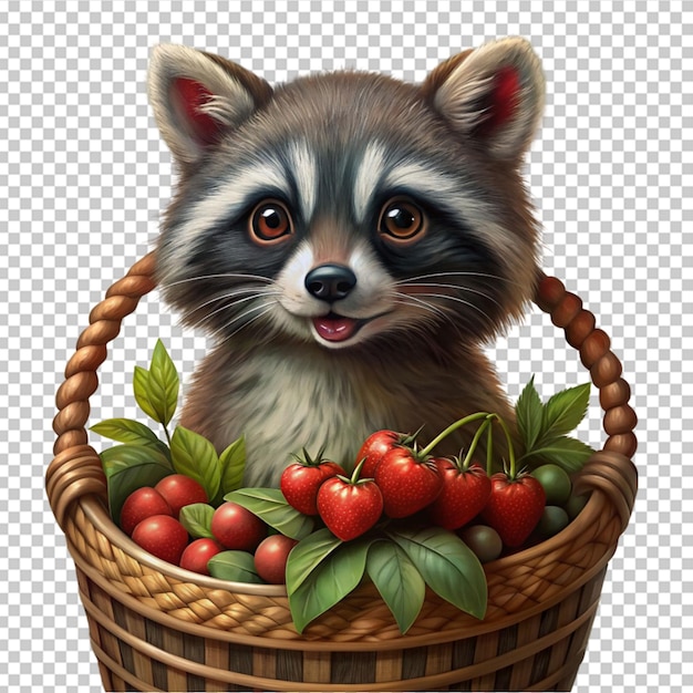 Adorable racoon with a curious expression and a basket of cheery