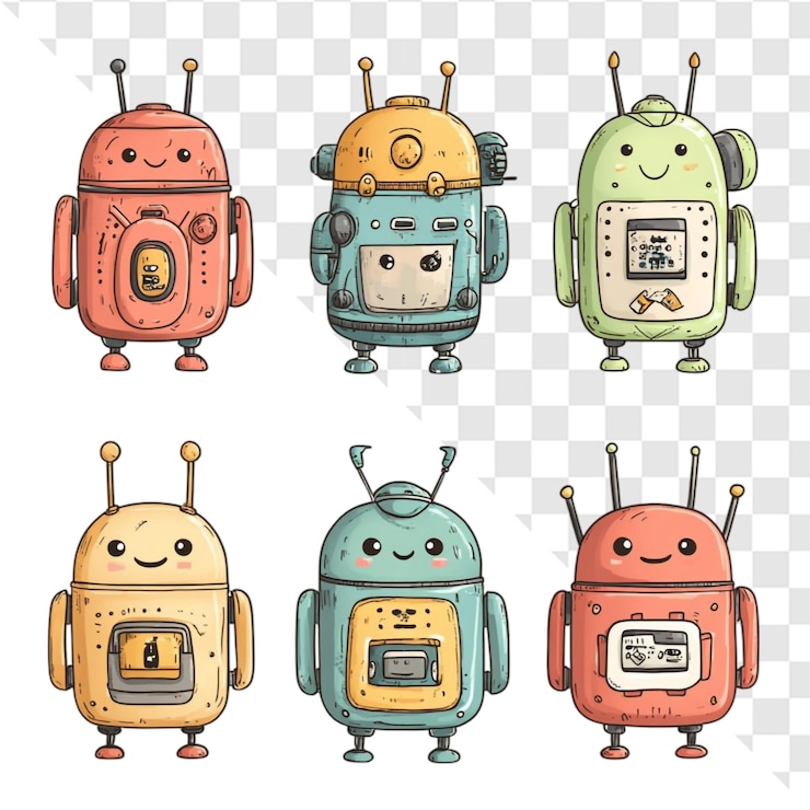 PSD adorable retro robots happy friends fun technology