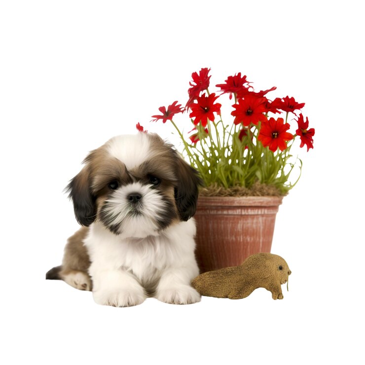 PSD adorable shih tzu puppy with red flowers and a toy