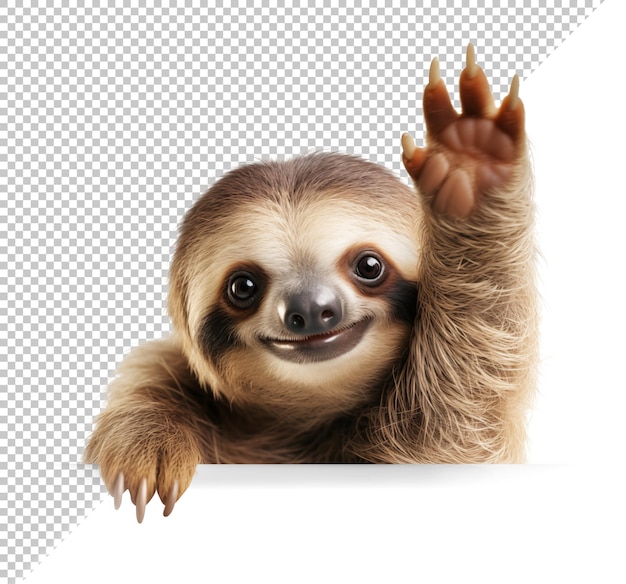 PSD Прекрасный ленивец заглядывает и поднимает руку в воздух.