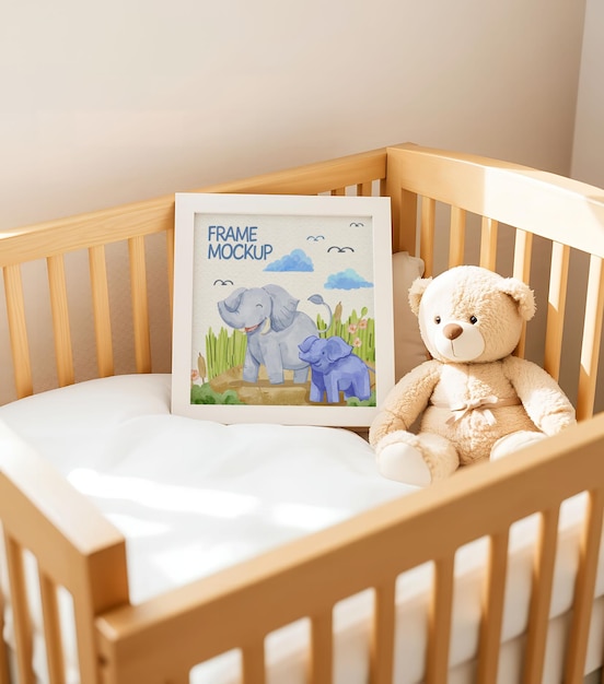 adorable watercolor elephants nursery frame mockup in wooden crib with teddy bear
