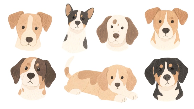 PSD さまざまな犬種の可愛い水彩画