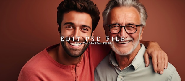 PSD adult hipster son fun hugging old senior father at home