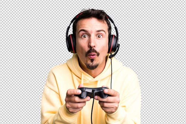 PSD adult man gamer with headset and a control concept