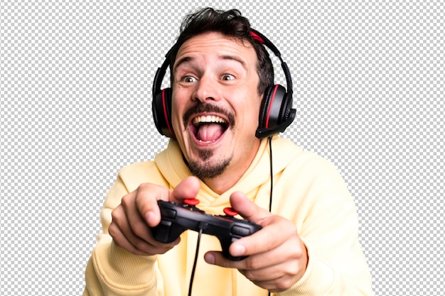 PSD adult man gamer with headset and a control concept