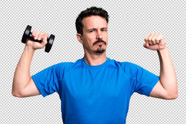 PSD adult man training and lifting a dumbbell