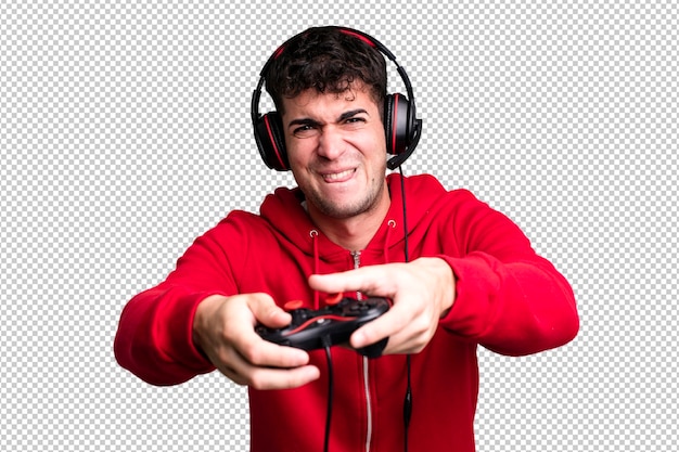 PSD adult man with headset and a control gamer concept