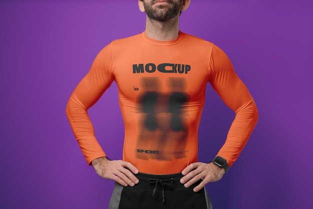 PSD adult wearing thermal tshirt mockup